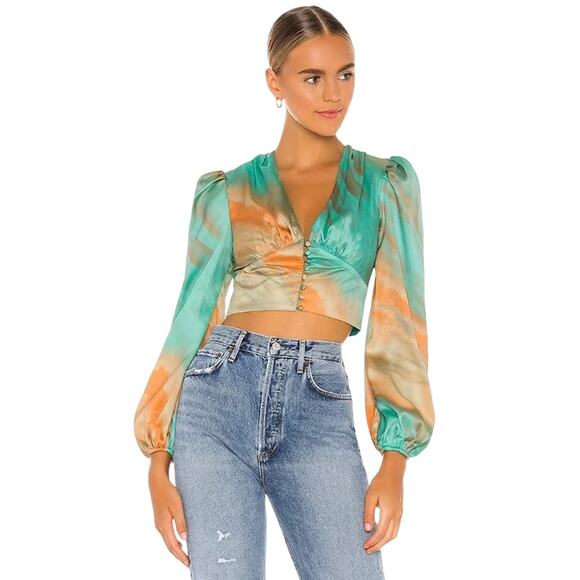 superdown eleen blouson top teal multi long sleeve cropped blouse size small - Picture 1 of 10